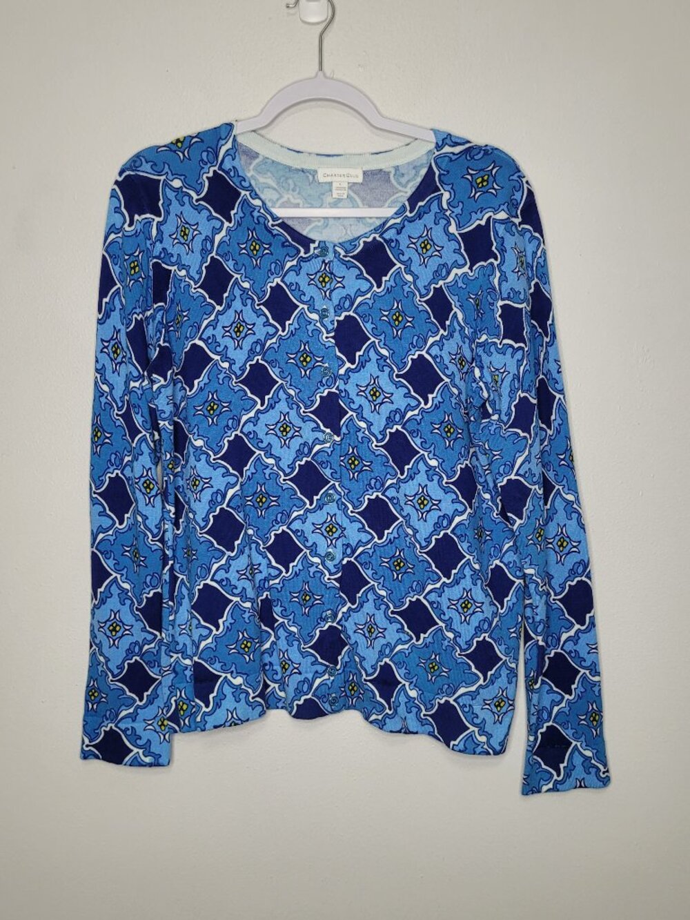 Charter Club blue tones button front soft preppy church casual cardigan size L